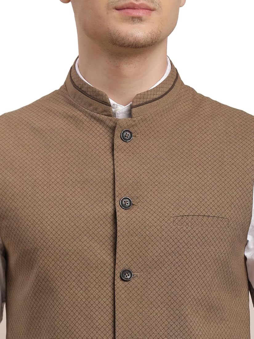 Buy Turtle Men Poly Viscose Brown Self Design Casual Nehru Jacket